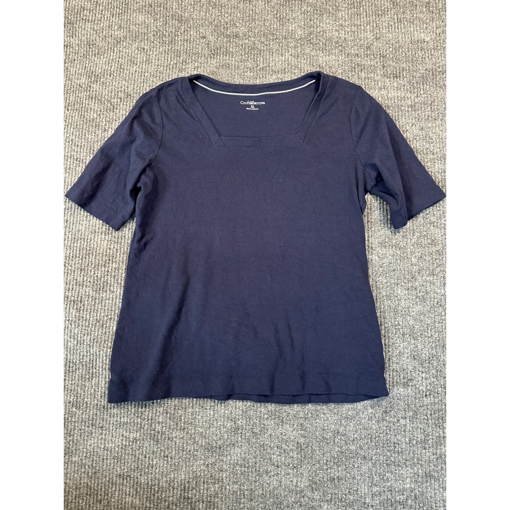 Croft & Barrow Square Neck Top XL Navy Blue Short Sleeve Cotton Blend Knit